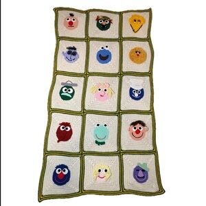 Vintage Sesame Street Crochet Blanket Hand Made Muppets Characters 38 x 70”